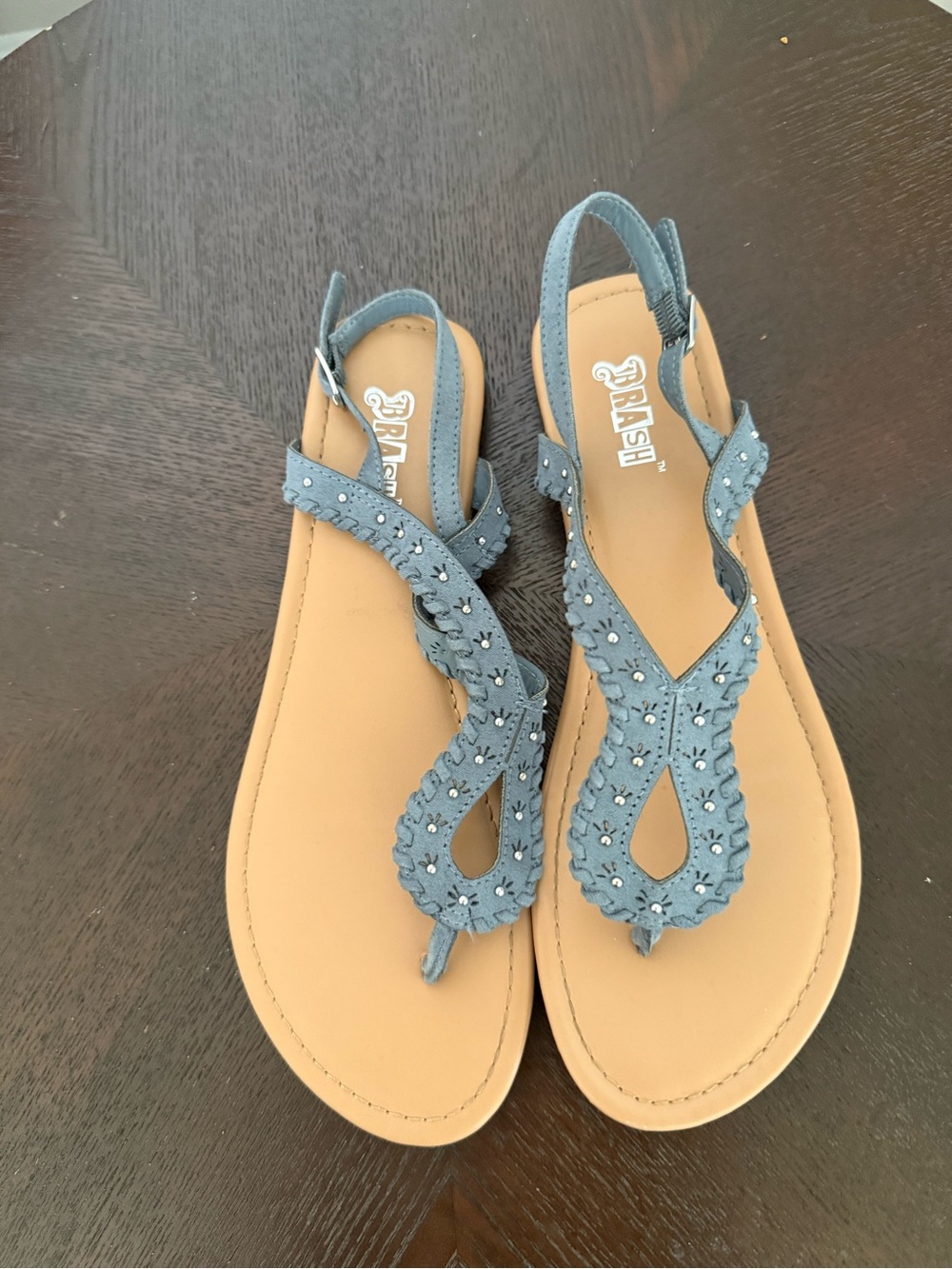 Rialto Denim Blue Studded T-Strap Slingback Sandals